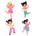Kids dancing. Children characters dance and sing, little happy girls listen melodies, young music lovers together, notes