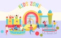 Kids day care playground. Girls and boys playing in room with trampolines, bouncy castles, soft pool and slide. Playroom