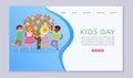 Kids day, inscription on web banner, children on website, people different nationalities, cartoon style vector