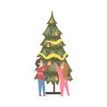 Kids Decorating Christmas Tree with Baubles and Garland, Boy abd Girl Preparing for Holiday Celebration, Merry Xmas and