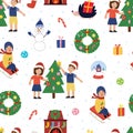 Kids decorating Christmas tree seamless pattern. Winter background Royalty Free Stock Photo