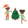 Kids decorating a Christmas tree vector illustration.