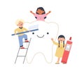 Kids with dental hygiene supplies brushing teeth vector illustration isolated. Royalty Free Stock Photo