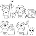 Children dental hygiene collection. Vector black and white coloring page.