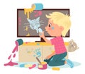 Kids destroy. Children bad behavior. Boy painting wall and drawing on blackboard with chalk. Paint spots or splash. Baby