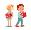 Kids with dices. Boy and girl hold red cube in their hands. Children play board games. Little people entertainment