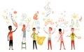 Kids of Different Nationalities Painting and Drawing with Brushes and Pencils on White Wall Vector Illustration Royalty Free Stock Photo