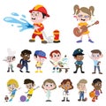 Kids in different professions. Big Vector Set with 14 Kindergarten Preschool Boys & Girls Dress as Different Professionals