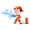 Kids in different jobs. Professional Kid dressed as Firefighter throwing water.