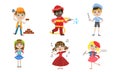 Kids of Different Professions Set, Builder, Fireman, Traffic Controller, Singer, Artist Vector Illustration