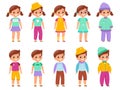 Kids different wearing. Boys and girls in diverse colorful outfits, children and teenagers various modern clothes, young