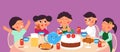 Kids dinner. Children eat rice, school lunch. Cute cartoon toddlers sitting at round table with healthy food. Holiday Royalty Free Stock Photo