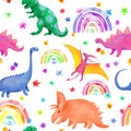 Kids dinosaur seamless pattern. Chidish design with fantastic dino, flowers, rainbows. Watercolor jurassic repeated