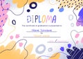 Kids diploma with abstract elements border. Kindergarten and school certificate template. Modern creative background