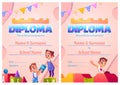 Kids diploma, cartoon certificate with children