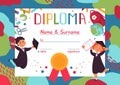 Kids diploma. Children graduation, fun cartoon boy and girl. Happy preschool students, school or kindergarten