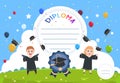 Kids diploma. Graduation certificate, children courses or work out reward. Cute graduates characters, flying caps and