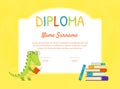 Kids Diploma Template, Educational Certificate for Children with Cute Reading Crockodile Cartoon Vector Illustration Royalty Free Stock Photo