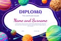 Kids diploma template with place for text decorated by 3d futuristic galaxy planet vector