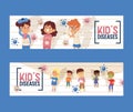 Kids diseases set of banners. Sick, ill children with microbes vector illustration. Collection of cartoon viruses. Bad