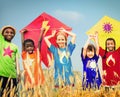 Kids Diverse Playing Kite Field Young Concept Royalty Free Stock Photo