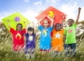 Kids Diverse Playing Kite Field Young Concept