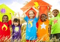 Kids Diverse Playing Kite Field Young Concept