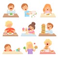 Kids Do Not Like Vegetables Set, Cute Boys and Girls Enjoying Eating of Fast Food and Sweets Vector Illustration Royalty Free Stock Photo