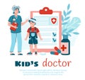 Kids doctor banner with pediatrician and child patient, flat vector illustration.