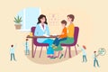 Kids doctor concept, little patient with mother at medical consultation, tiny people medics cartoon vector illustration.