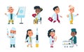 Kids doctors. Cute cartoon characters playing nurses with medical equipment and dressed as doctors. Vector funny