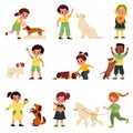 Kids with dogs. Children with different dog breeds poodle and labrador, pug and dachshund, little pet owners, boys and