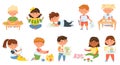 Kids doing creative activities and craft hobbies in art workshop. Cartoon children making paper craft, drawing Royalty Free Stock Photo