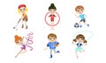 Kids Doing Different Kind of Sports Set, Boys and Girls Playing Golf, Soccer, Football, Jumping with Skipping Rope Royalty Free Stock Photo