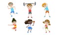 Kids Doing Different Kind of Sports Set, Boys and Girls Playing Table Tennis, Volleyball, Running, Exercising with Royalty Free Stock Photo