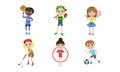 Kids Doing Different Kind of Sports Set, Boys and Girls Playing Volleyball, Basketball, Tennis, Golf, Soccer Vector Royalty Free Stock Photo