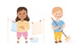 Kids doing household chores set. Cute children hanging clothes out to dry and sweeping floor cartoon vector illustration Royalty Free Stock Photo