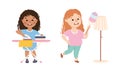 Kids doing household chores set. Cute girls ironing clothes and wiping dust cartoon vector illustration