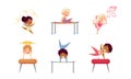 Kids doing rhythmic and sports gymnastics set. Boys and girls exercising parallel bars and pommel horse vector