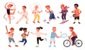 Kids doing sports exercises set vector illustration. Cartoon happy boy girl run, child play football soccer, baseball Royalty Free Stock Photo