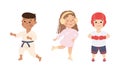 Kids doing sports set. Cute children doing karate, skating on rink and boxing cartoon vector illustration