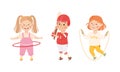 Kids doing sports set. Cute children jumping with skipping rope, spinning hula hoop and playing baseball cartoon vector Royalty Free Stock Photo