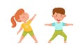 Kids doing yoga in different yoga poses. Boy and girl doing sports exercises cartoon vector illustration Royalty Free Stock Photo