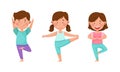 Kids doing yoga in different yoga poses. Cute children doing sports exercises cartoon vector illustration Royalty Free Stock Photo