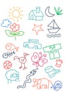 Kids doodle color-full random object crayon icon collection. car, sun, home, butterfly, snake