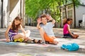 Kids draw with chalk child shows palms