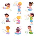 Kids draw. Little children with colored pencils, young artists with brushes and paints, boys and girls paint everything Royalty Free Stock Photo