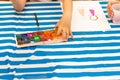 Kids draw with parents paint beautiful pictures, children`s creativity