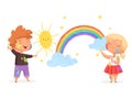 Kids draw rainbow. Happy little artists painting sun clouds vector funny childrens Royalty Free Stock Photo