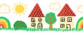 Kids drawing border seamless. Cute hand drawn house, rainbow, tree, sun repeating horizontal pattern. Use for kids decor